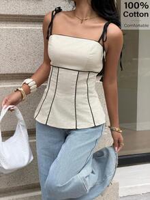 Camiseta de mujer con ribete de color contrastante, tops de verano para mujer, tops de tirantes para mujer, tops casuales para mujer, tops de algodón para mujer - Albaricoque - Ver 8