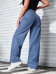 SHEIN ICON Quần jeans nữ cỡ lớn, màu trơn, túi xéo, kiểu dáng thường ngày, thu đông. - Màu xanh lam - Xem 2