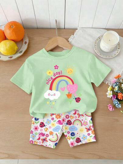 2pcs Baby Girls' Casual Fashionable Versatile Spring/Summer T-Shirt Set. Cute Sweet Mint Green Top With Rainbow, Heart, Floral Allover Print, Dopamine Inspired Colorful Flower Design. Spring & Summer Outfits For , Easy Comfort, Stylish Girl Set, Casual Wear, Kids Floral Graphic Clothes, New Style, Chill Chill, Spring Vibes Chill Summer Vacation