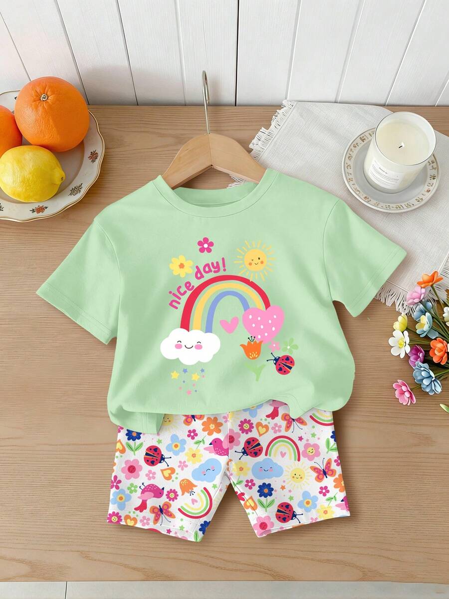 SHEIN Vintaside Kids 两件套女婴休闲时尚百搭春夏T恤套装。可爱甜美的薄荷绿上衣,饰以彩虹、爱心和花卉印花,灵感源自多巴胺的缤纷花朵设计。春夏装扮,轻松舒适,时尚女童套装,休闲服饰,儿童花卉图案服装,新款,清爽休闲,春日气息,夏日假期女婴套装,女婴夏季服装套装,女婴每日穿搭 - 彩色 - 查看 1