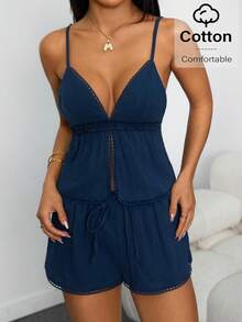 SHEIN PETITE Women's Simple Casual Navy Blue 2 Pieces Set Women's Summer Sets Linen Two Pieces Set - Navy Blue - View 4
