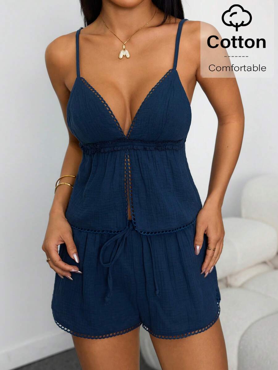SHEIN PETITE 女士简约休闲藏蓝色两件套 女士夏季亚麻两件套