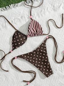 Swim Mod 2pcs/Set New Random Print Reversible Halter Sexy Elegant Vacation Bikini Swimsuit Set, Suitable For Beach, Pool Party - Multicolor - View 4