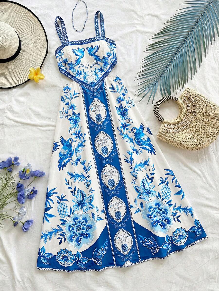 Soleia Women's All-Over Print Casual Sexy Vacation Spaghetti Strap Dress Golf White Summer - Navy Blue - View 1
