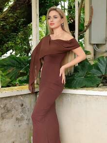 Elenary Edit 棕色优雅露肩直筒修身连衣裙，适合生日、派对、聚会活动、秋冬分层连衣裙、万圣节、圣诞节、优雅连衣裙 - 棕色 - 查看 3