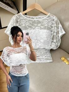 Selianne Elegant,Date,White Floral White Off-Shoulder Lantern Sleeve Lace Crop Top,Summer Vacation Urban Chic Top For Daily Wear,Wedding,Formal,Party,Holiday - White - View 8