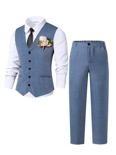 SHEIN Set de 2 piezas Conjunto de caballero para adolescentes, que incluye chaleco slim fit azul marino y pantalón de vestir texturizado azul marino, traje formal elegante para cumpleaños, boda, invitado de boda, paje, portador de anillos