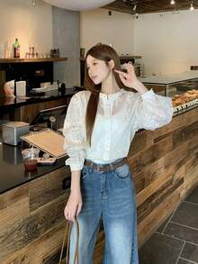 DAZY Women's Lace Long Sleeve Blouse, Elegant Style For Spring & Summer - Apricot - View 4