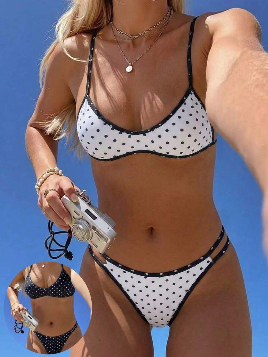 Swim Vcay 2026 New Women's Summer Beach Vacation Elegant Spaghetti Strap Backless Sexy Reversible Black & White Polka Dot Print High Cut Hollow Out Bikini Swimsuit Set - Multicolor - View 1