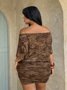Rustia Vestido ajustado con hombros descubiertos y estampado de leopardo con diseño de cintura, para verano - Marrón - Ver 2