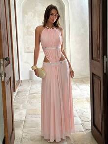 Aloruh Romantic Date Party Pink Medical Patchwork Backless Sexy Extra Long Mesh Women Dress - Baby Pink - View 2