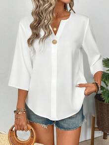 EMERY ROSE Plus Size Women Minimalist V-Neck Short Sleeve Blouse,White Silky Summer Shirt,Smart Casual Office Ladies Tops,Modern Business Casual Women Shirts - Multicolor - View 6