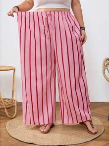 SHEIN CURVE+ 大码女装夏季休闲沙滩装，时尚商务通勤优雅阔腿裤，带口袋，莲花粉，夏季长裤，夏季/乡村/沙滩度假装/沙滩装/沙滩服饰 - 彩色 - 查看 5