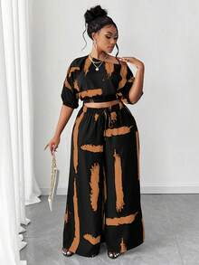 Maweii 大码时尚印花不对称领短袖两件套 - 橘色 - 查看 1