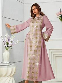 Al Najma Đầm thanh lịch đính sequin thêu họa tiết, thắt eo bên hông, tay xòe. - Hồng - Xem 5