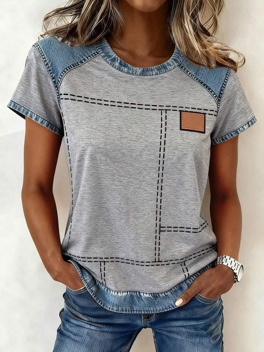 EMERY ROSE Women's Casual Round Neck Short Sleeve T-Shirt With Patchwork Denim Print - Multicolor - View 1