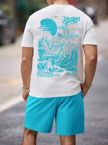 Manfinity Joysei Standard Size Men's Graphic Print White Short Sleeve T-Shirt And Blue Shorts Casual Set - Multicolor - View 4