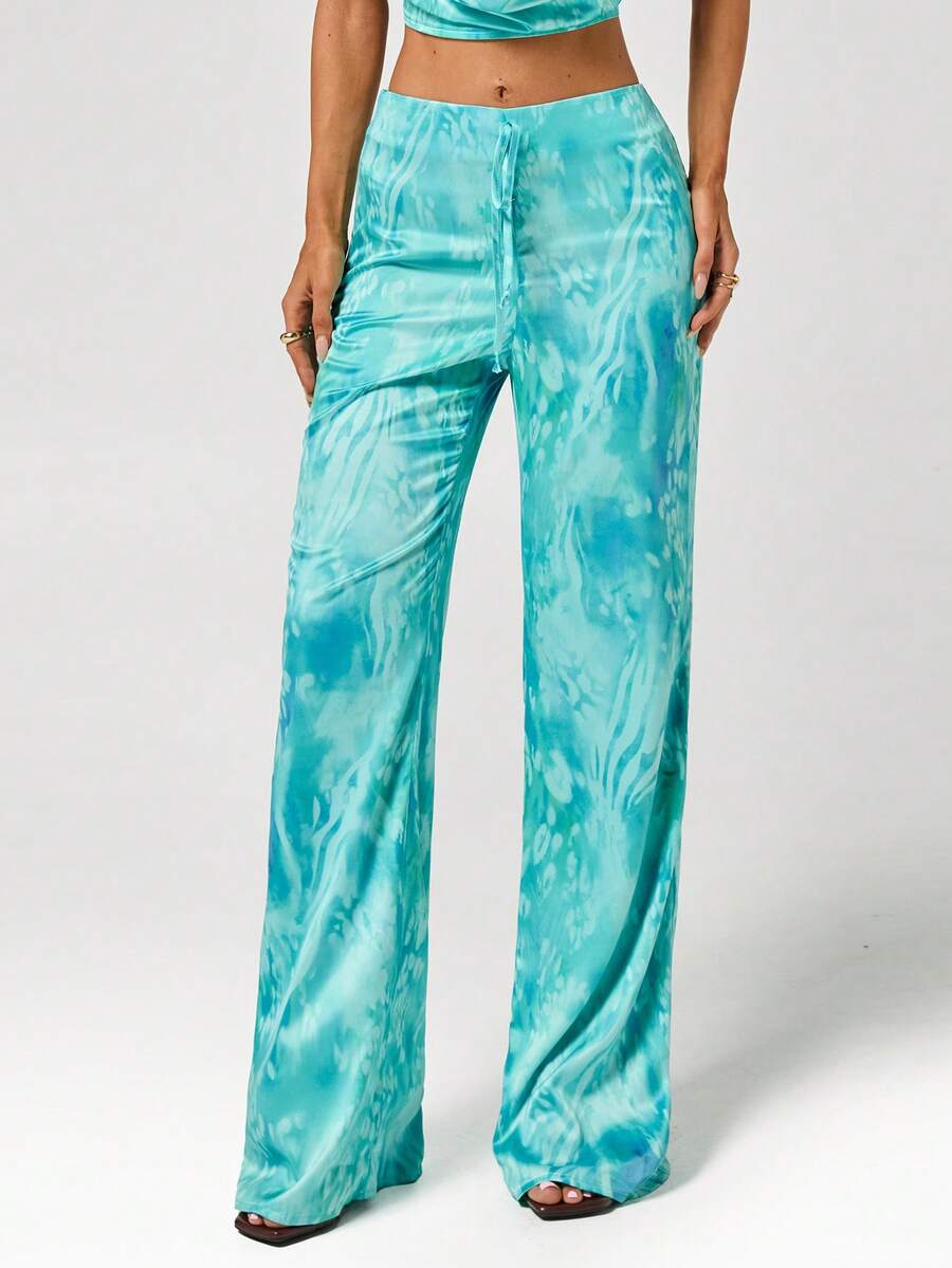 SHEIN ICON Quần nữ ống đứng buộc eo kiểu tie-dye, phong cách thường ngày. - màu xanh lá - Xem 1