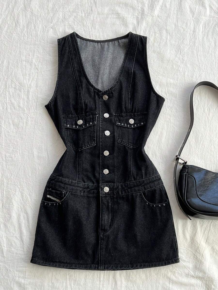 Elamini 女士时尚单排扣无袖牛仔连衣裙 - 黑色 - 查看 1