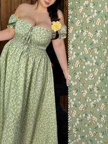 Vibekara Plus Size Fashionable Casual Ditsy Floral Waist Cinched Dress - Green - View 1