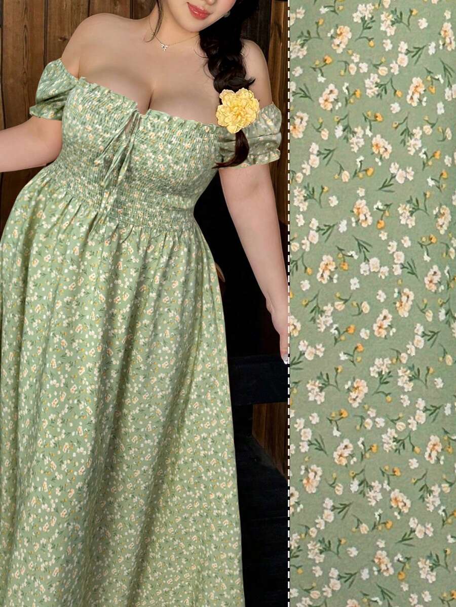 Vibekara Plus Size Fashionable Casual Ditsy Floral Waist Cinched Dress - Green - View 1