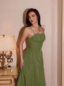 Bris Aura Ruched Bust Lace Up Side Cami Dress Party - Green - View 4