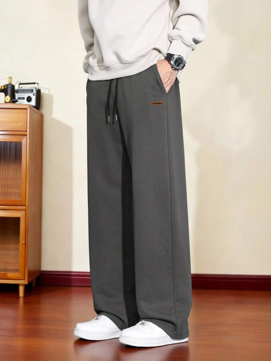 Manfinity Hypemode Men's Casual Everyday Commute Versatile Drawstring Waist Decorative Patch Loose Wide-Leg Sweatpants - Dark Grey - View 1