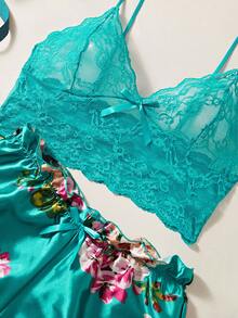 Floral Lace Bow Front Lingerie Set - Green - View 5