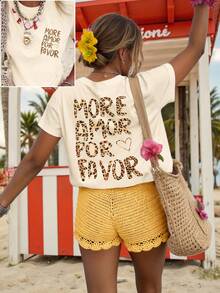 SHEIN LUNE Áo thun tay ngắn cổ tròn in chữ và da báo cỡ lớn - Màu be - Xem 4