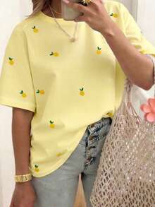 EMERY ROSE 女士水果图案短袖T恤，休闲户外服，可爱T恤，家居服 - 黃色 - 查看 3