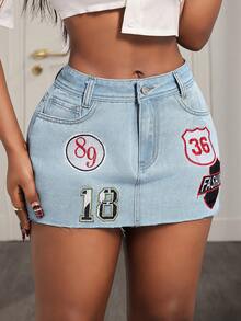 BamGleam 女士数码贴袋紧身性感牛仔迷你裙 - 淺色水洗藍 - 查看 4