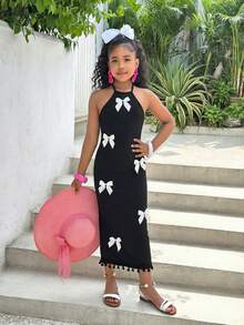 SHEIN 少女优雅印花露背修身度假连衣裙 - 彩色 - 查看 4