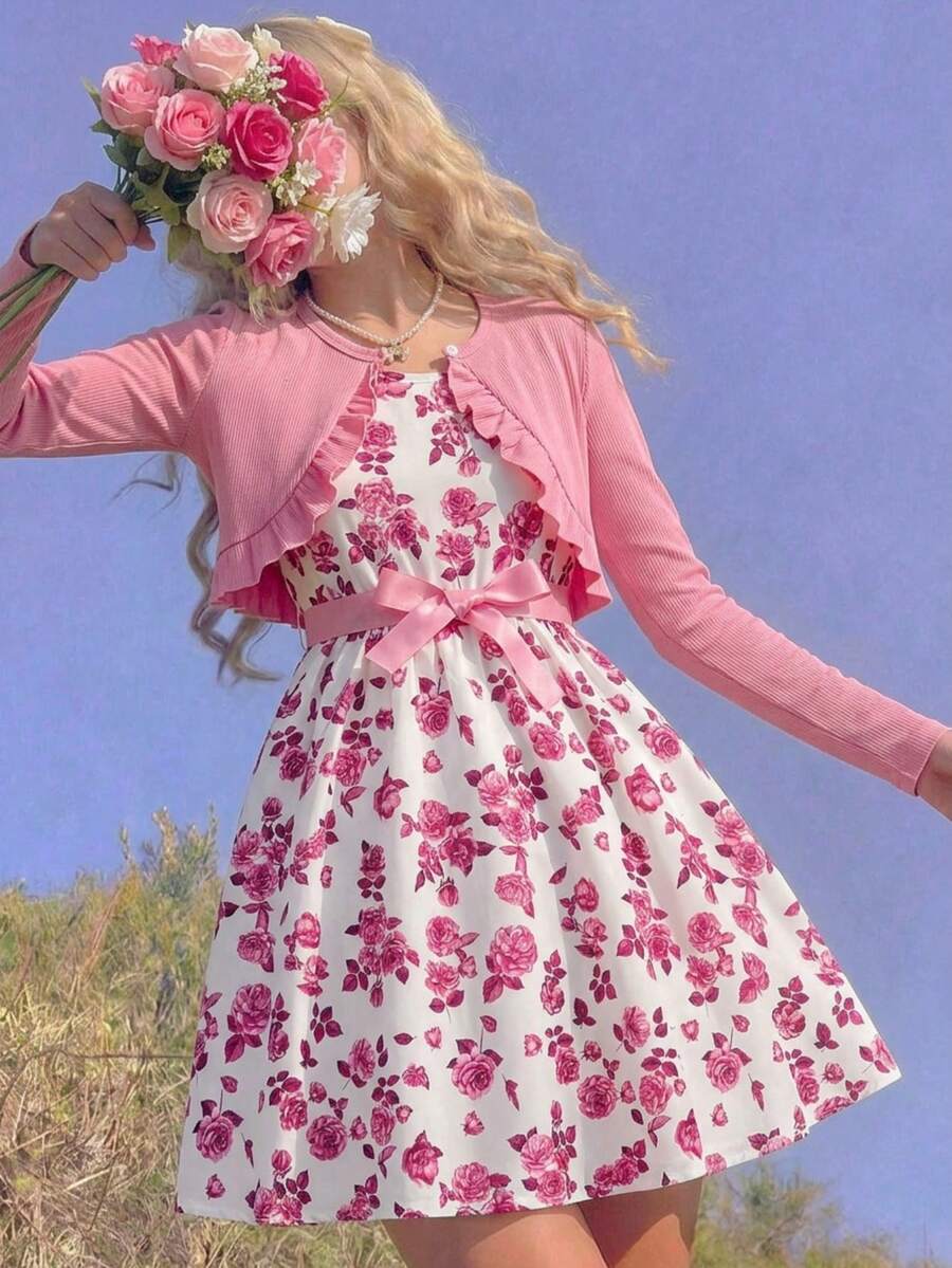 Set de 2 piezas: Chaqueta con dobladillo de volantes y vestido sin mangas con estampado floral para niñas preadolescentes, ideal para vacaciones, verano y viajes - Rosa coral - Ver 1