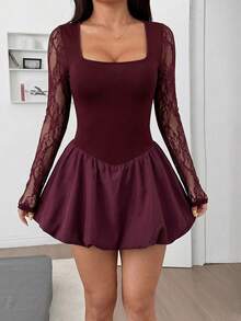SHEIN EZwear Wine Red Bodycon Mini Dress For Women Women Dress Women Clothing Dress Burgundy Lace Sleeve Dress Burgundy Dress Maroon Elegant Dress Women's Dress Casual Dress Cheap Dresses For Women Party Dress For Women Nightclub Zanea Dress For Woman High Quality Dress Party Outfits For Women - Burgundy - View 4