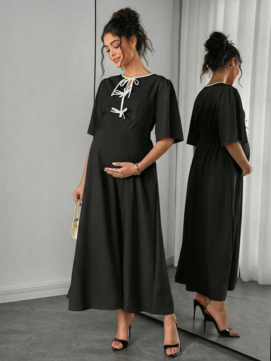SHEIN 優雅黑白蝴蝶結孕婦洋裝,夏季休閒拼色擺裙,適合女性正式拍照拍攝 - 黑色 - 查看 1