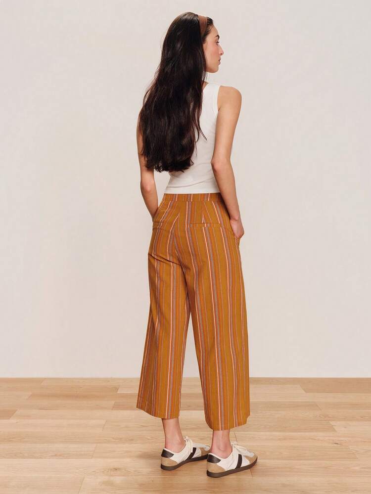 Calça Reta de Cintura Alta com Listras Camel, Comprimento 3/4, Calça Listrada Vintage Fofa para Primavera e Verão, Look de Férias, Estilo Francês, Estilo Parisiense