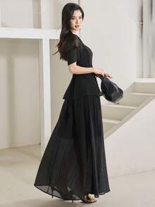 Heiryn Set elegant de 2 piese pentru femei, cu top și fustă, în culoare solidă, stil naveta - Negru - Vizualizare 5