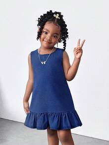 Kid Girls Blue Denim Sleeveless Short Dress With Ruffle Trim,Autumn Spring Summer Casual Country Boho Beach Outfits,Western Street Wear,Vacay Outfits - Dark Wash - View 2