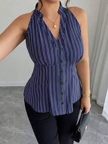 Elenzga Camisa Casual Listrada sem Mangas com Cintura Plus Size para Mulheres - Multicolorido - Visão 5