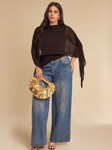 SHEIN BAE 大码女式棕色喇叭袖斗篷上衣 - 棕色 - 查看 4