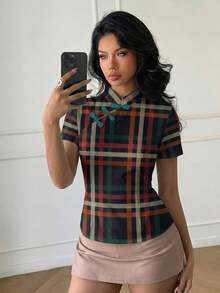 Aloruh 女士条纹短袖纽扣休闲衬衫 - 彩色 - 查看 3