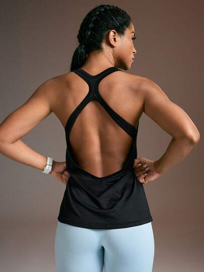  Powerista Women's Solid Color Criss-Cross Back Hollow Out Sports Tank Top Black Color Fashion Sport T-Shirts & Tanks, Suitable For Summer Women's Casual Sports Solid Color Tank Top Cut Out Back Solid Sports Tee Gym Top Workout Tank Top Seksi Chic For Daily Wear Yoga Yoga Studio Tennis Gym Indoor Outdoor Active