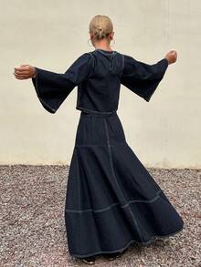 DAZY Bộ áo len chui đầu và chân váy denim dành cho nữ, thích hợp cho mùa xuân/hè. - Màu xanh lam - Xem 3