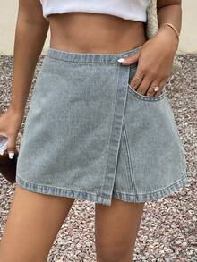 DAZY Women's Casual Wrap Denim Shorts - Blue - View 1