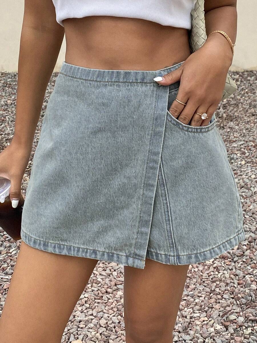 DAZY Women's Casual Wrap Denim Shorts - Blue - View 1