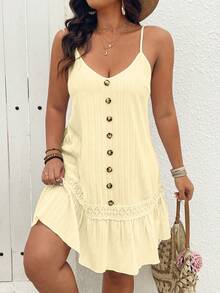 EMERY ROSE Women's Plus Size White Summer Boho Beach Holiday V-Neck Sleeveless Spaghetti Strap Front Button Textured Camisole Dress,Flounce Ruffle Hem Outfit - Pale Yellow - View 1