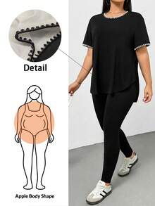 SHEIN Essnce 两件套加大码女式撞色刺绣圆领短袖T恤和裤子 - 彩色 - 查看 1