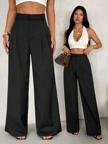 SHEIN PETITE Quần ống rộng xếp ly cạp cao phong cách công sở sang trọng, thanh lịch – Quần tây dáng suông màu trơn, trang phục công sở chuyên nghiệp, quần tây công sở may đo thời trang dành cho nữ. - màu đen - Xem 2