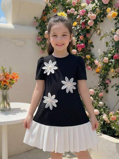 SHEIN 1pc Tween Girl Bowknot Pleated Short Sleeve Dress, Loose Fit, Spring/Summer