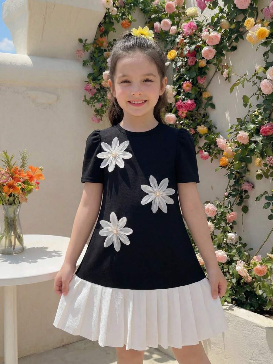 SHEIN 1pc Tween Girl Bowknot Pleated Short Sleeve Dress, Loose Fit, Spring/Summer - Black - View 1